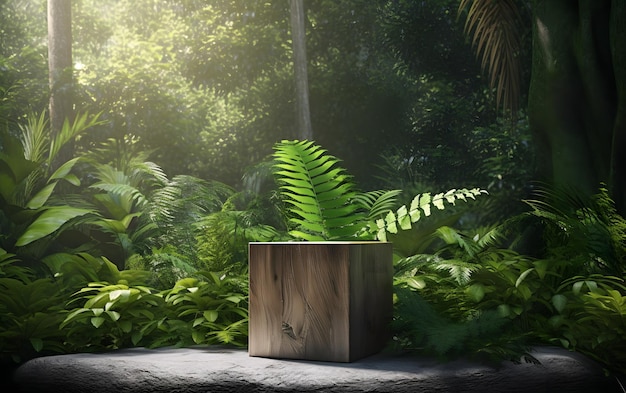 Una caja de madera con una planta en medio de la selva