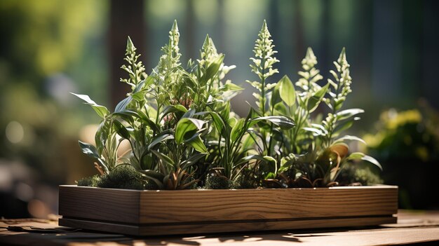 Caja de madera con plantas en crecimiento