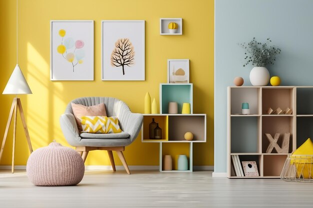 Caja de madera y pouf amarillo en el interior de la sala de juegos de niños coloridos con cartel y taburete con patrones