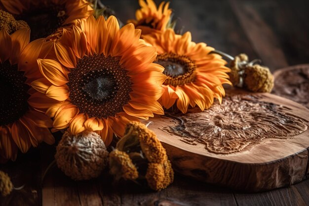 Una caja de madera con un ramo de girasoles