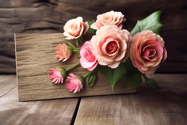 Una caja de madera con rosas rosadas