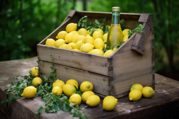 Foto caja de madera rústica llena de botellas de limoncello y limones creados con ai generativo