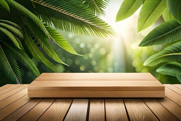 Foto una caja de madera sobre una mesa con hojas de palma.