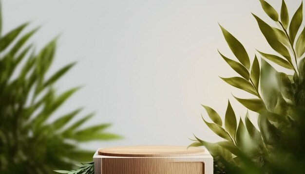 Una caja de madera con una tapa de madera se asienta sobre un fondo verde con una planta verde.