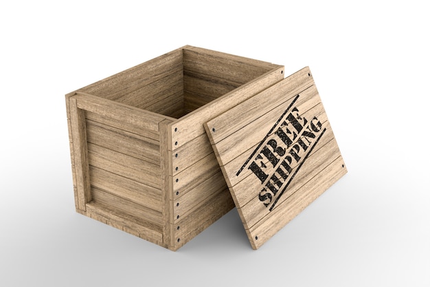 Caja de madera con texto de envío gratuito impreso sobre fondo blanco. Representación 3D