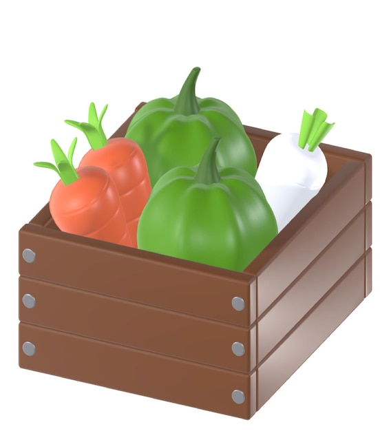 una caja de madera con verduras y un fondo blanco