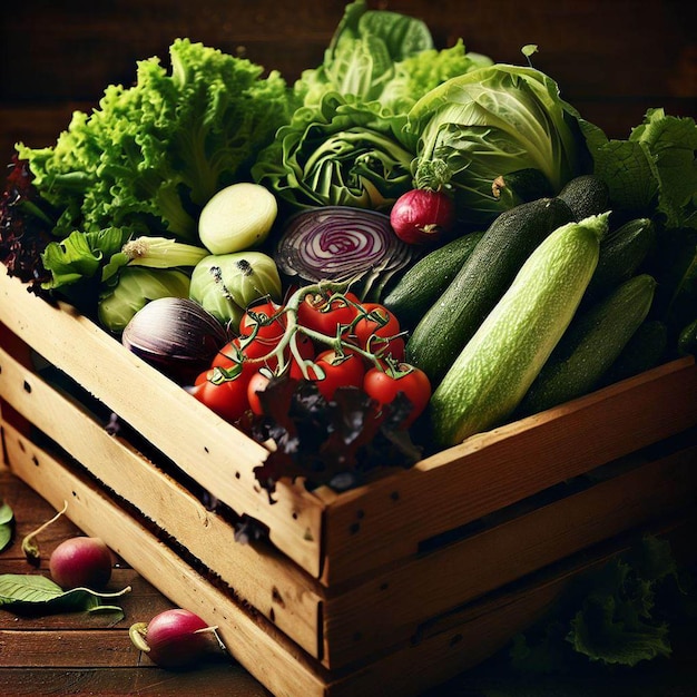 Caja de madera de verduras frescas de granja