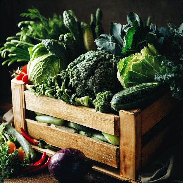 Caja de madera de verduras frescas de granja