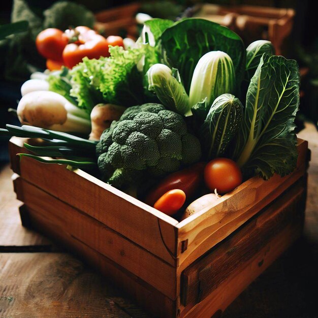 Caja de madera de verduras frescas de granja