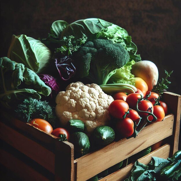 Caja de madera de verduras frescas de granja