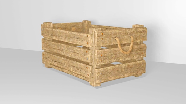 Caja de madera para verduras y frutas con fondo gris.