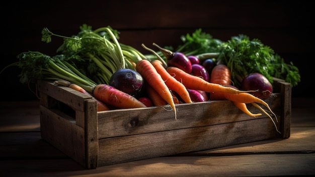 Una caja de madera de zanahorias y remolachas