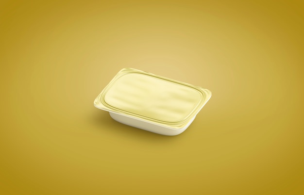 Caja de mantequilla blanca en blanco, aislada en superficie amarilla