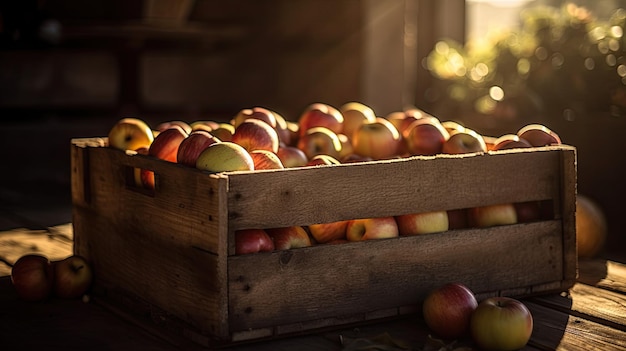 Una caja de manzanas se encuentra en una caja de madera.
