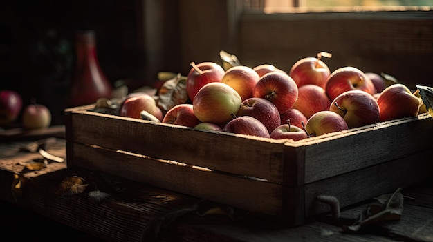 Una caja de manzanas está sobre una mesa con la palabra manzana.