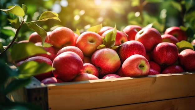 Una caja de manzanas en un huerto.