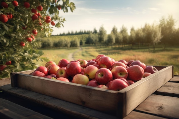 Caja de manzanas rojas en la mesa de cosecha de madera AI generado