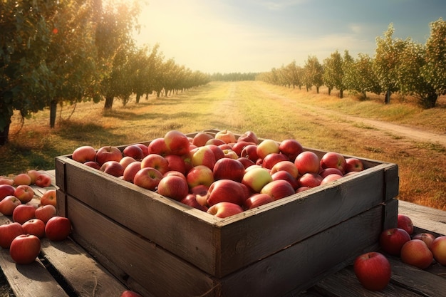 Caja de manzanas rojas en la mesa de cosecha de madera AI generado