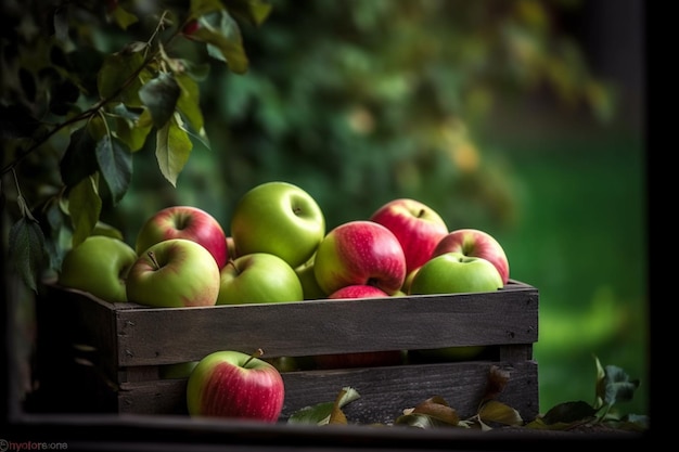 Una caja de manzanas se sienta en un árbol con la palabra manzana en él.