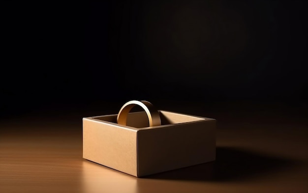 Una caja marrón con un anillo dorado en el medio.