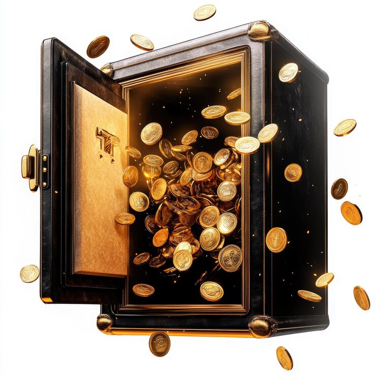 una caja con monedas de oro y un fondo negro con la palabra e s en ella