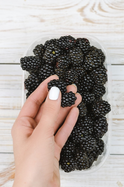 Caja con moras en manos femeninas