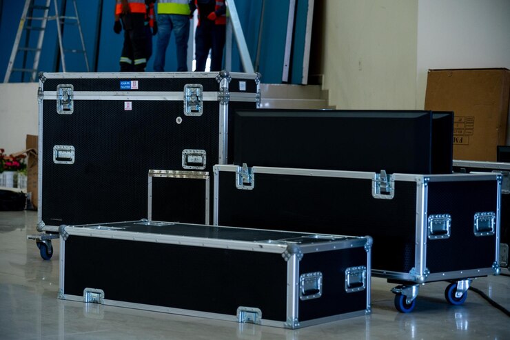 Una caja de música de concierto y equipos de video apilados detrás del escenario