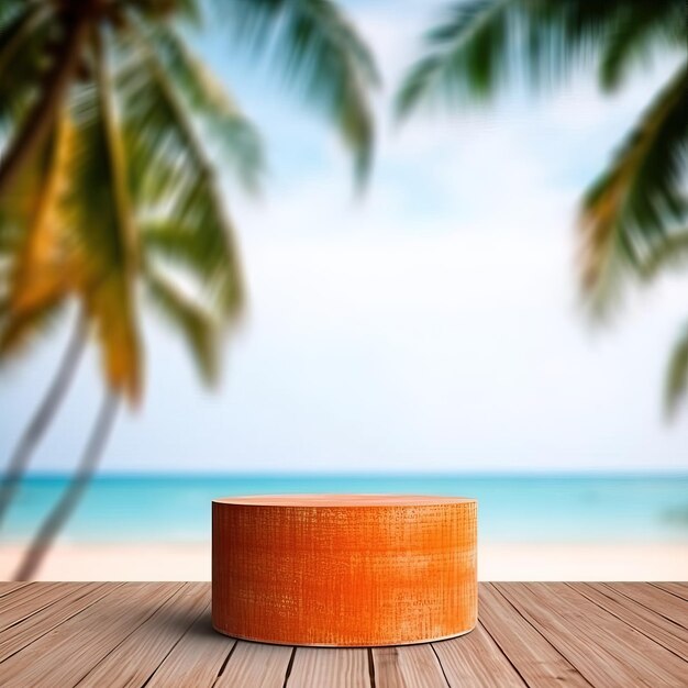 Una caja naranja redonda sobre una mesa de madera con una playa al fondo.