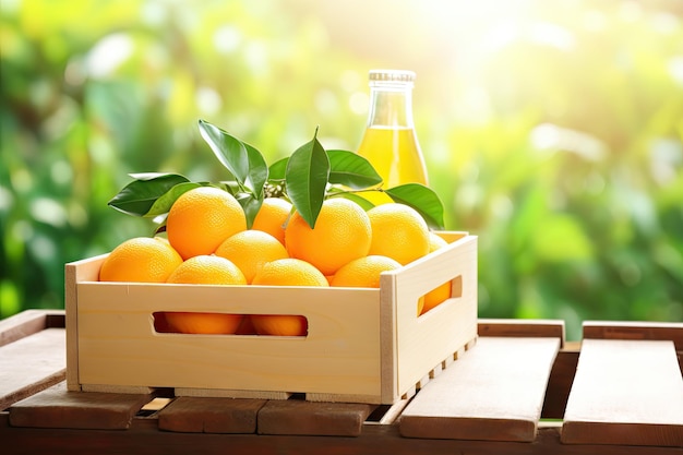 Caja de naranjas con fondo de jardín verde