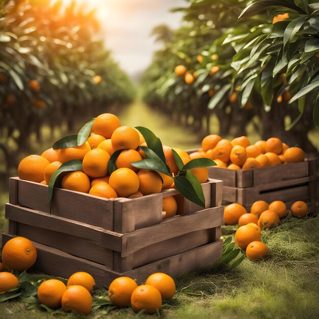 una caja de naranjas con el sol brillando sobre ellas