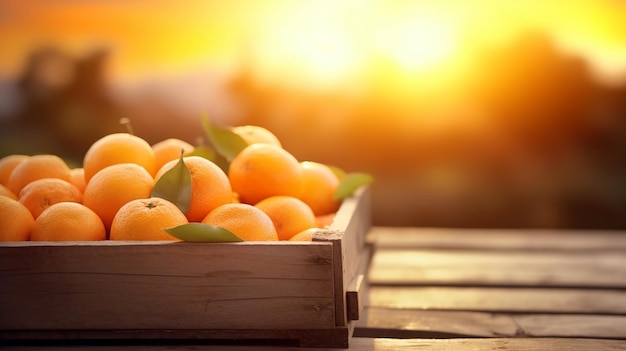 una caja de naranjas con el sol detrás.