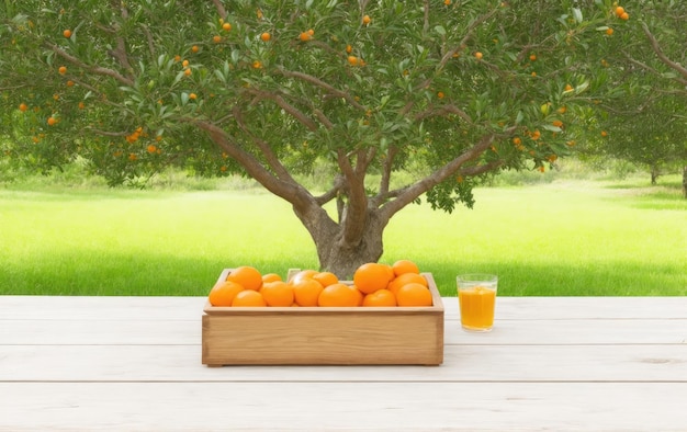 Caja de naranjas y un vaso de zumo de naranja.