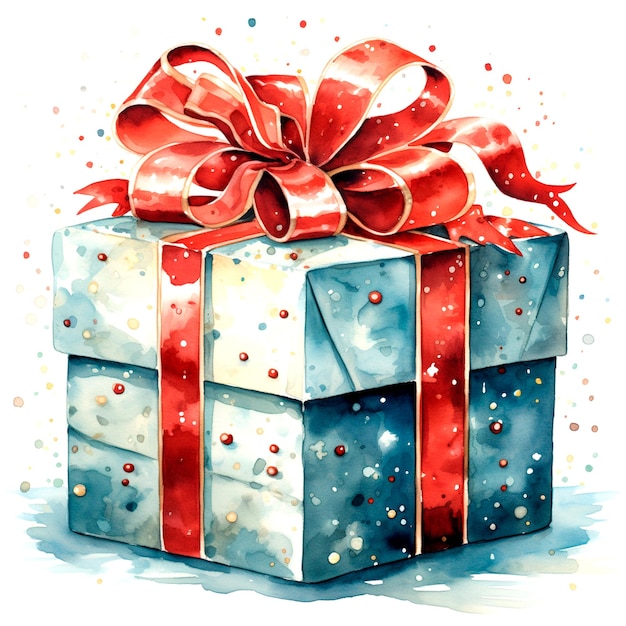 Foto caja de navidad con acuarela de arco rojo ai generada ilustración aislada