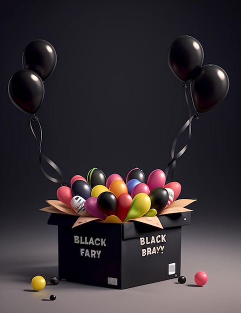Una caja negra en Black Friday con un montón de globos con caja de regalo.