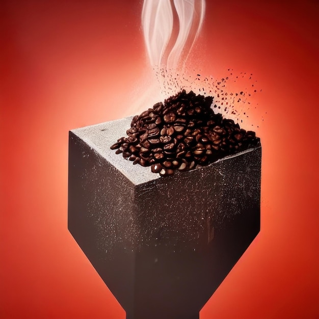 una caja negra con granos de café y un fondo rojo.