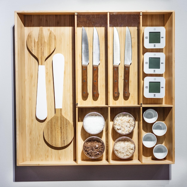 Foto caja organizadora de madera con cubiertos cajón organizador moderno para cubiertos