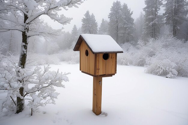 Caja de pájaros bajo la nieve durante el invierno