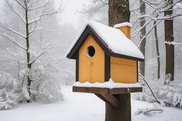 Caja de pájaros bajo la nieve durante el invierno