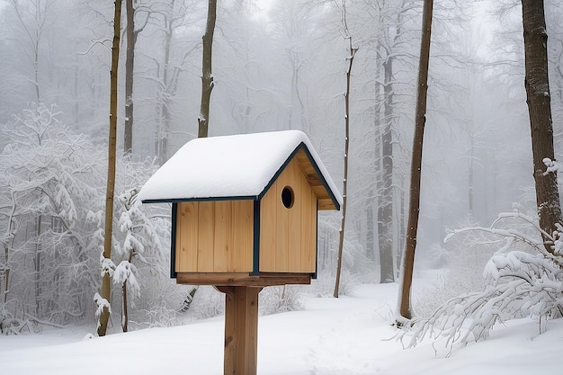 Caja de pájaros bajo la nieve durante el invierno