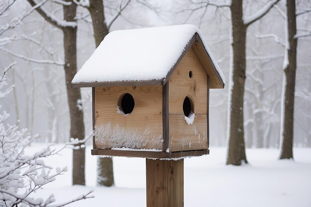 Foto caja de pájaros bajo la nieve durante el invierno