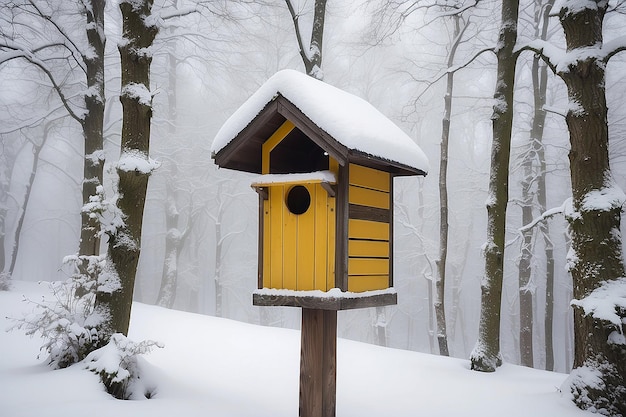 Caja de pájaros bajo la nieve durante el invierno