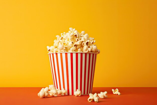 Una caja de palomitas de maíz llena hasta el borde con palomita de maíz recién salida puesta contra un fondo amarillo vibrante capturando la esencia de una noche de cine alegre