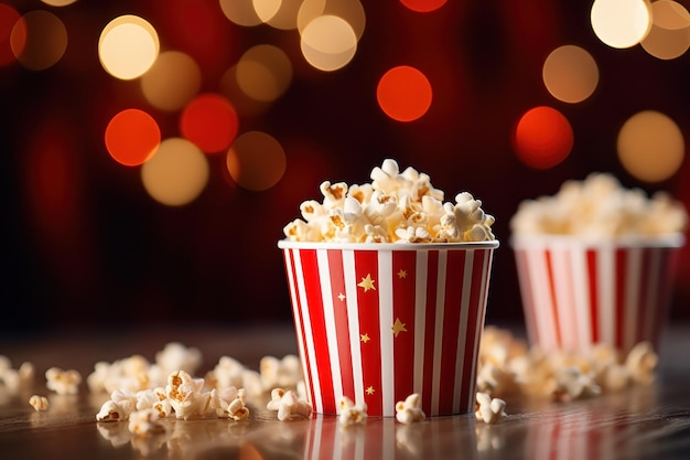 Una caja de palomitas vacía con palomitas saliendo en un cine.