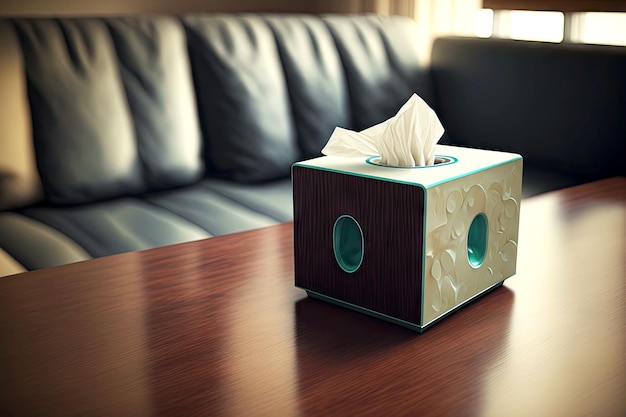 Caja de pañuelos multicolores con agujeros a cada lado sobre una mesa de madera junto al sofá