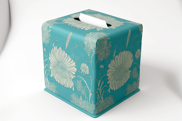 Caja de pañuelos turquesa con patrón floral sobre fondo gris