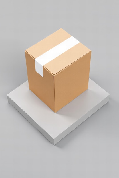 Caja de papel Kraft con una franja blanca sobre un fondo gris
