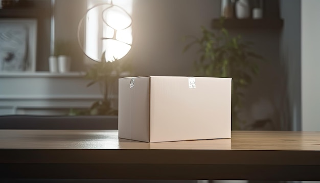 Caja de paquete en blanco en concepto de empaque de producto de maqueta de mesa IA generativa