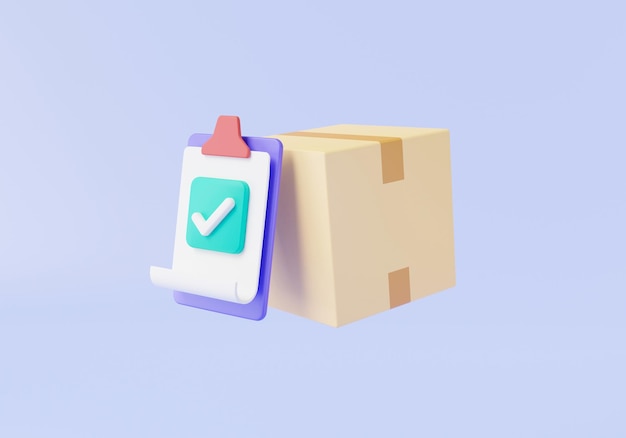 Caja de paquete y pedido confirmado Lista de verificación de envío Orden de entrega Lista de verificación de cajas de envío Lista de verificación de calidad del pedido con lista de verificación aprobada Concepto de entrega rápida Ilustración de representación 3d