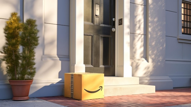 Foto caja de paquetes entregados en la alfombra de la puerta cerca de la entrada compras de amazon prime generative ai