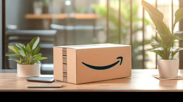 Caja de paquetes entregados en la mesa con fondo de casa borroso Amazon Prime shopping Generative Ai